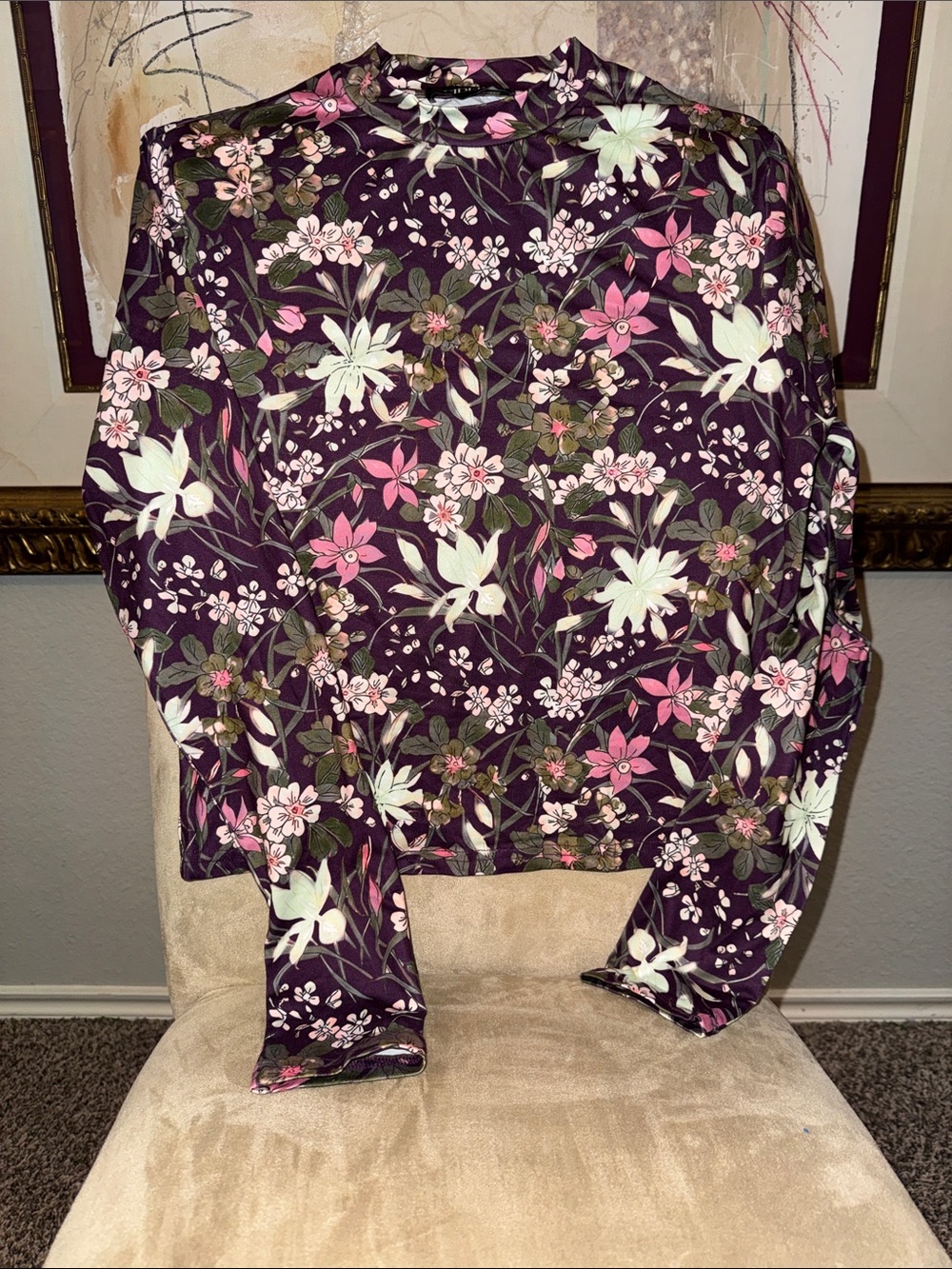 Cider Floral Long Sleeve Slim Fit Top in Plum with Pink & Cream Flowers